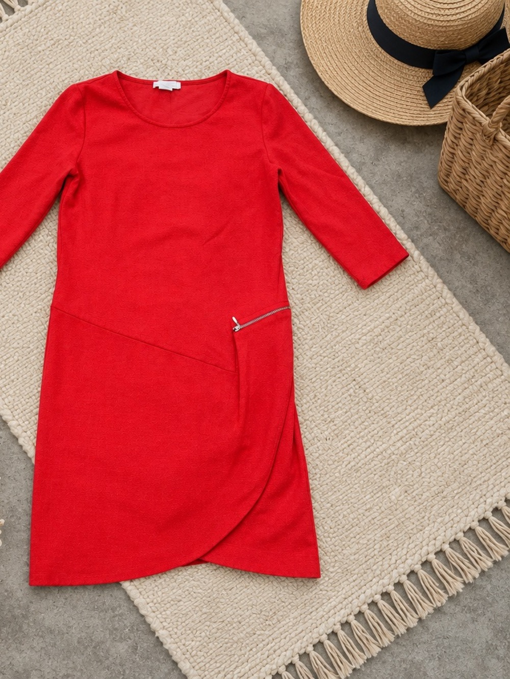 Joan Vass Bright Red A-Line Dress with Zip Detail